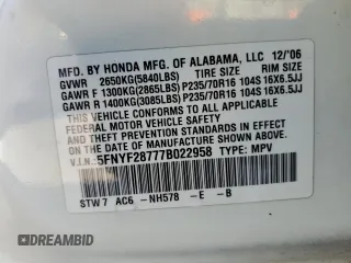 2007 Honda Pilot EX-L with VIN 5FNYF28777B022958, listed as a Copart auction lot 46793575 with 96,016 mi miles and Salvage Title. Bid and sale history available at DreamBid. Image 13.