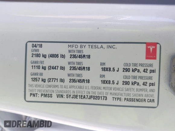 2018 Tesla Model 3 Long Range Battery with VIN 5YJ3E1EA7JF020173, listed as a IAAI auction lot 42046312 with 83,395 mi miles and . Bid and sale history available at DreamBid. Image 9.