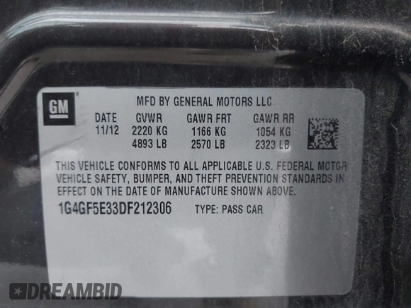 2013 Buick LaCrosse Premium 1 with VIN 1G4GF5E33DF212306, listed as a IAAI auction lot 42119000 with 181,865 mi miles and . Bid and sale history available at DreamBid. Image 9.