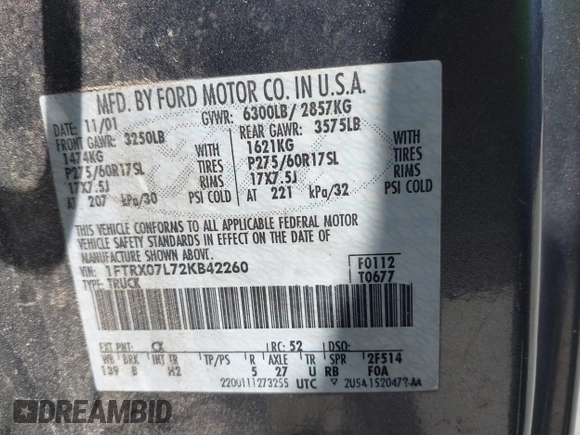 2002 Ford F-150 XL with VIN 1FTRX07L72KB42260, listed as a IAAI auction lot 42288657 with Not provided miles and . Bid and sale history available at DreamBid. Image 9.