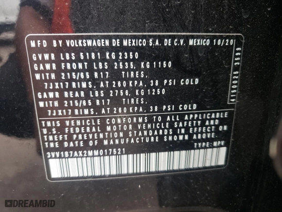 2021 Volkswagen Tiguan S with VIN 3VV1B7AX2MM017521, listed as a Copart auction lot 85606784 with 92,075 mi miles and Salvage Title. Bid and sale history available at carsss.com. Image 15.