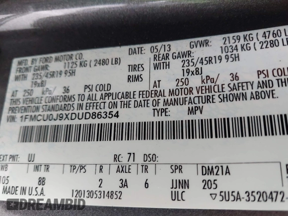 2013 Ford Escape Titanium with VIN 1FMCU0J9XDUD86354, listed as a IAAI auction lot 42420780 with 260,995 mi miles and . Bid and sale history available at DreamBid. Image 9.