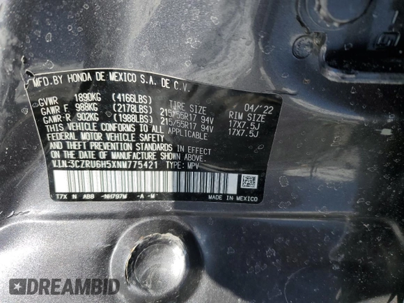 2022 Honda HR-V EX with VIN 3CZRU6H5XNM775421, listed as a Copart auction lot 42942435 with 25,832 mi miles and Salvage Title. Bid and sale history available at DreamBid. Image 13.