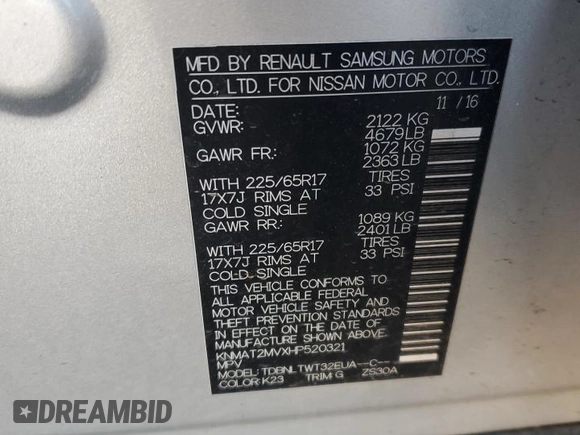 2017 Nissan Rogue SV with VIN KNMAT2MVXHP520321, listed as a Copart auction lot 60747285 with 88,293 mi miles and Salvage title. Bid and sale history available at DreamBid. Image 13.