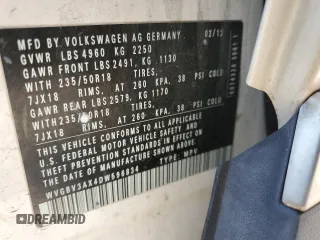 2013 Volkswagen Tiguan SE с VIN WVGBV3AX4DW596834, выставлен на аукционе Copart как лот 61399695 с пробегом 139 398 миль миль и Чистый • Clean title. История ставок и продаж доступна на DreamBid. Изображение 12.