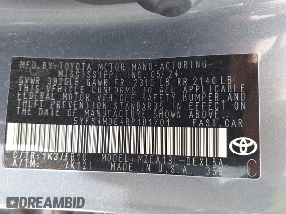 2024 Toyota Corolla LE с VIN 5YFB4MDE4RP181701, выставлен на аукционе IAAI как лот 42514435 с пробегом 29 404 миль миль и . История ставок и продаж доступна на DreamBid. Изображение 9.