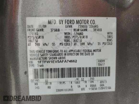 2010 Ford F-150 XL with VIN 1FTFW1EV5AFA74662, listed as a Copart auction lot 48384295 with 234,570 mi miles and Clean Title. Bid and sale history available at carsss.com. Image 12.