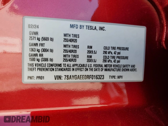 2024 Tesla Model Y Long Range with VIN 7SAYGAEE0RF016323, listed as a Copart auction lot 50253205 with 12,490 mi miles and Salvage title. Bid and sale history available at DreamBid. Image 15.