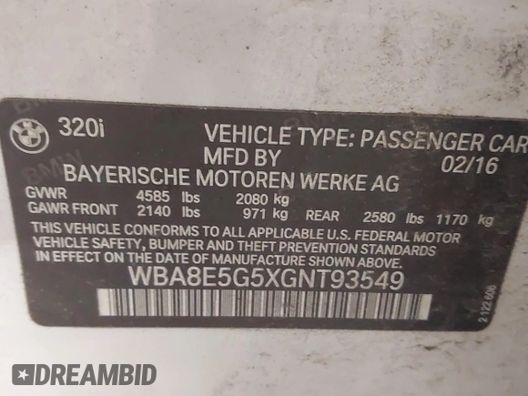 2016 BMW 3 Series 320i xDrive z VIN WBA8E5G5XGNT93549, wystawiony jako IAAI lot #41527046 z przebiegiem 101 743 mil mil oraz . Historia ofert i sprzedaży dostępna na DreamBid. Obrazek 9.