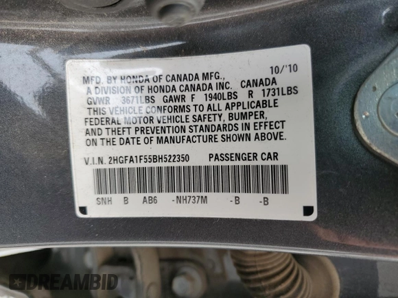 2011 Honda Civic LX with VIN 2HGFA1F55BH522350, listed as a Copart auction lot 53854795 with 39,749 mi miles and Salvage Title. Bid and sale history available at DreamBid. Image 12.