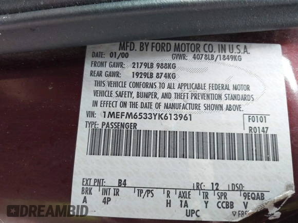 2000 Mercury Mystique GS z VIN 1MEFM6533YK613961, wystawiony jako IAAI lot #41982995 z przebiegiem 83 174 mil mil oraz . Historia ofert i sprzedaży dostępna na DreamBid. Obrazek 9.