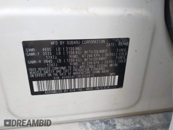 2019 Subaru Outback Premium with VIN 4S4BSAFC6K3324612, listed as a IAAI auction lot 42376654 with 122,948 mi miles and . Bid and sale history available at DreamBid. Image 9.