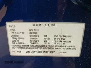 2022 Tesla Model Y Long Range with VIN 7SAYGDEE0NA019067, listed as a IAAI auction lot 41645198 with 49,336 mi miles and . Bid and sale history available at DreamBid. Image 9.