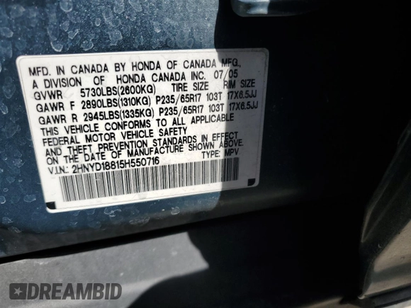 2005 Acura MDX Touring with VIN 2HNYD18815H550716, listed as a Copart auction lot 48341385 with 139,513 mi miles and Salvage Title. Bid and sale history available at carsss.com. Image 16.