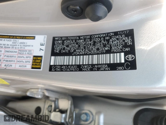 2017 Toyota Prius Plus with VIN JTDKARFP2H3059219, listed as a Copart auction lot 59822955 with 110,074 mi miles and Salvage title. Bid and sale history available at DreamBid. Image 12.