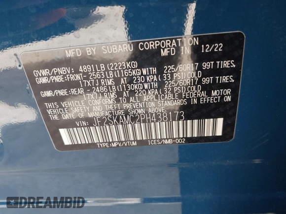 2023 Subaru Forester Wilderness with VIN JF2SKAMC2PH438173, listed as a IAAI auction lot 41751177 with 12,469 mi miles. Bid and sale history available at carsss.com. Image 9.
