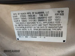 2005 Honda Odyssey LX with VIN 5FNRL382X5B020240, listed as a IAAI auction lot 41888045 with 184,269 mi miles. Bid and sale history available at carsss.com. Image 9.