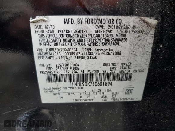 2014 Lincoln MKS with VIN 1LNHL9DK7EG601894, listed as a Copart auction lot 46377445 with 147,745 mi miles and Salvage Title. Bid and sale history available at DreamBid. Image 12.