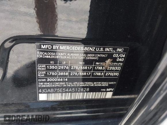 2004 Mercedes-Benz M 500 with VIN 4JGAB75E54A512828, listed as a IAAI auction lot 42579923 with 262,406 mi miles and . Bid and sale history available at DreamBid. Image 9.