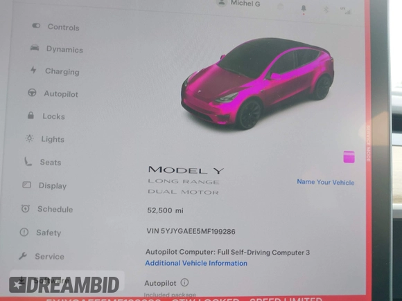 2021 Tesla Model Y Long Range with VIN 5YJYGAEE5MF199286, listed as a IAAI auction lot 41677915 with 52,500 mi miles. Bid and sale history available at carsss.com. Image 7.