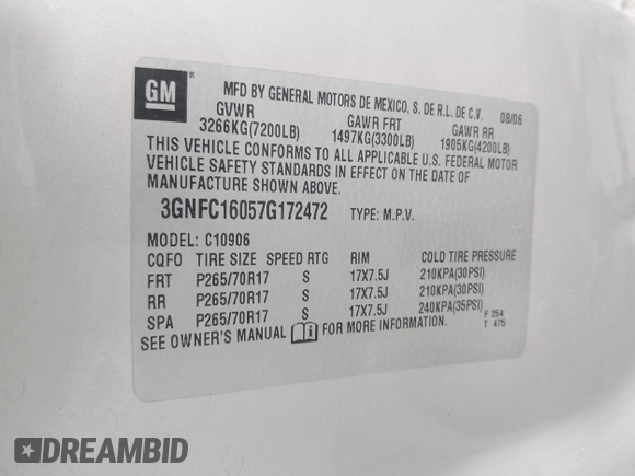 2007 Chevrolet Suburban LT с VIN 3GNFC16057G172472, выставлен на аукционе IAAI как лот 42716676 с пробегом 262 281 миль миль и . История ставок и продаж доступна на DreamBid. Изображение 9.