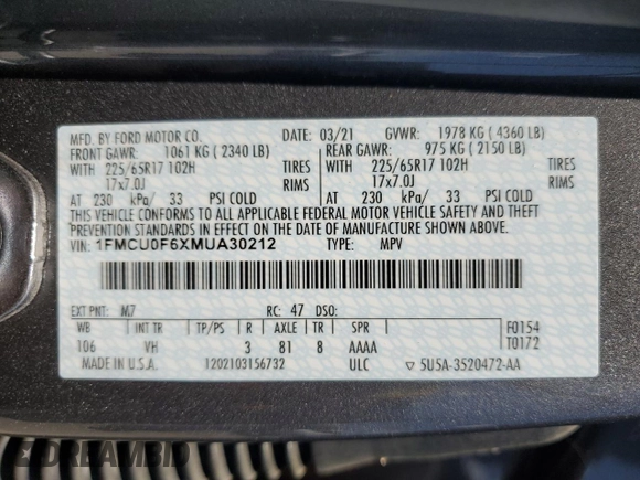 2021 Ford Escape S with VIN 1FMCU0F6XMUA30212, listed as a Copart auction lot 58164265 with 72,527 mi miles and Salvage title. Bid and sale history available at DreamBid. Image 13.