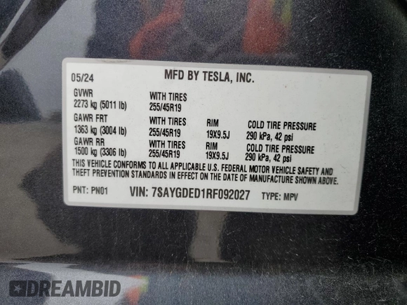2024 Tesla Model Y с VIN 7SAYGDED1RF092027, выставлен на аукционе Copart как лот 51655485 с пробегом 22 010 миль миль и Списание • Salvage title. История ставок и продаж доступна на DreamBid. Изображение 13.