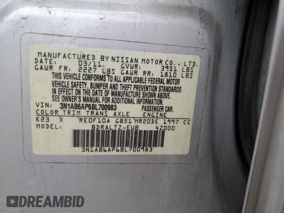 2011 Nissan Sentra S with VIN 3N1AB6AP6BL700983, listed as a Copart auction lot 43980425 with 124,403 mi miles and Salvage Title. Bid and sale history available at DreamBid. Image 15.