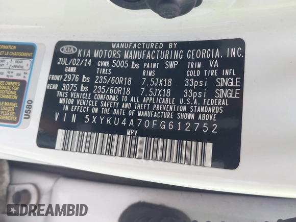 2015 Kia Sorento EX with VIN 5XYKU4A70FG612752, listed as a IAAI auction lot 41536488 with 79,479 mi miles. Bid and sale history available at carsss.com. Image 9.