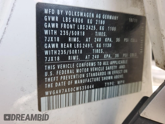 2012 Volkswagen Tiguan SEL with VIN WVGAV7AX0CW535644, listed as a Copart auction lot 54335534 with 156,079 mi miles and Salvage Title. Bid and sale history available at DreamBid. Image 13.