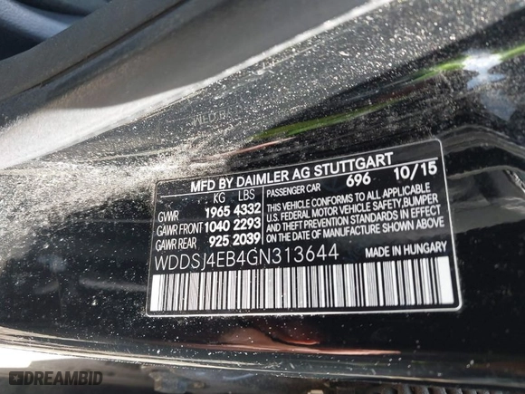 2016 Mercedes-Benz CLA with VIN WDDSJ4EB4GN313644, listed as a IAAI auction lot 41876273 with 113,847 mi miles. Bid and sale history available at carsss.com. Image 9.