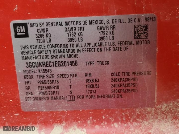 2014 Chevrolet Silverado 1500 LT with VIN 3GCUKREC1EG201458, listed as a Copart auction lot 43667045 with 138,915 mi miles and Clean Title. Bid and sale history available at carsss.com. Image 13.