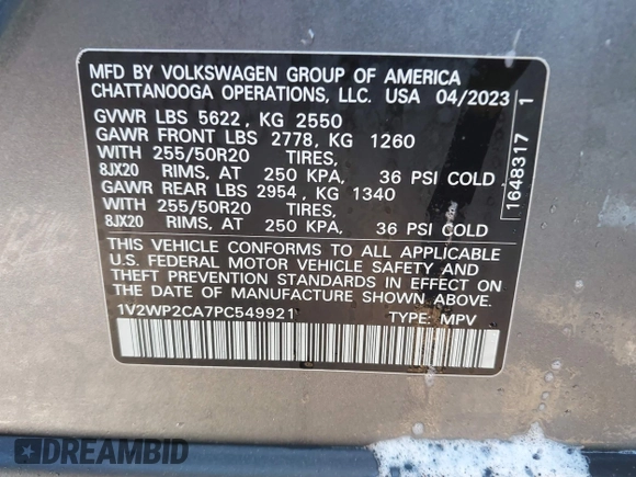 2023 Volkswagen Atlas SE with VIN 1V2WP2CA7PC549921, listed as a IAAI auction lot 41254273 with 87,540 mi miles and . Bid and sale history available at DreamBid. Image 9.