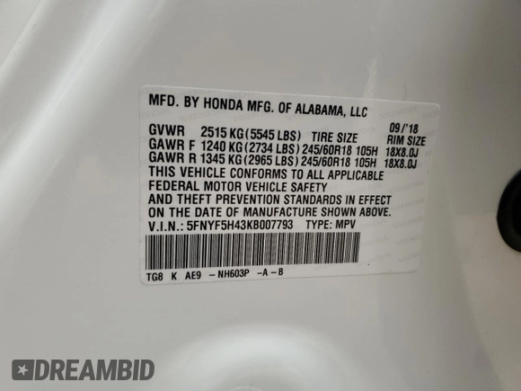 2019 Honda Pilot EX-L with VIN 5FNYF5H43KB007793, listed as a Copart auction lot 80502344 with 105,475 mi miles and Non repairable. Bid and sale history available at DreamBid. Image 13.