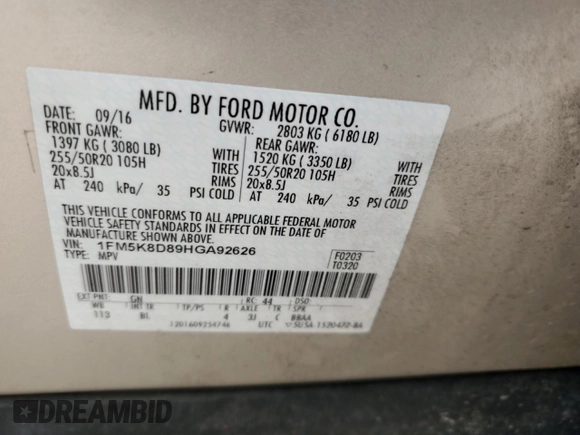 2017 Ford Explorer XLT с VIN 1FM5K8D89HGA92626, выставлен на аукционе Copart как лот 56762165 с пробегом 145 886 миль миль и На запчасти • Non repairable. История ставок и продаж доступна на DreamBid. Изображение 14.