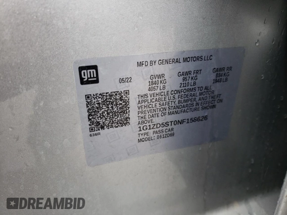 2022 Chevrolet Malibu LT with VIN 1G1ZD5ST0NF158626, listed as a Copart auction lot 83363184 with 44,106 mi miles and Salvage Title. Bid and sale history available at DreamBid. Image 12.