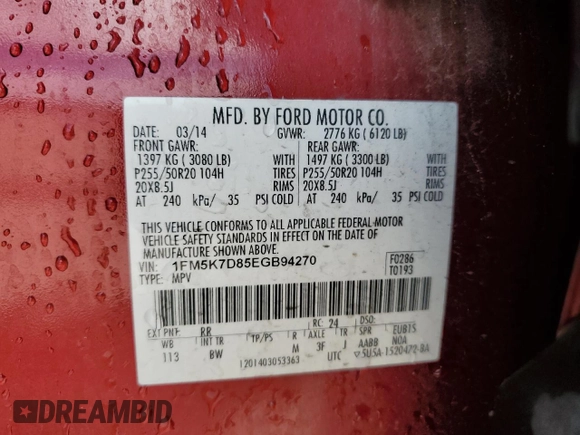 2014 Ford Explorer XLT with VIN 1FM5K7D85EGB94270, listed as a Copart auction lot 52144315 with 207,572 mi miles and Salvage title. Bid and sale history available at DreamBid. Image 13.