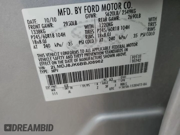 2011 Lincoln MKX z VIN 2LMDJ8JK6BBJ08962, wystawiony jako Copart lot #54329225 z przebiegiem 183 883 mil mil oraz Szkoda całkowita • Salvage title. Historia ofert i sprzedaży dostępna na DreamBid. Obrazek 13.