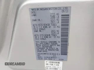 2014 Nissan Pathfinder SV with VIN 5N1AR2MM7EC630151, listed as a IAAI auction lot 42118516 with 165,431 mi miles. Bid and sale history available at carsss.com. Image 9.