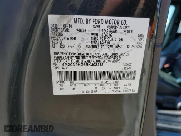 2011 Mercury Mariner Premier with VIN 4M2CN9HG6BKJ02215, listed as a Copart auction lot 56520895 with 110,646 mi miles and Clean title. Bid and sale history available at DreamBid. Image 13.