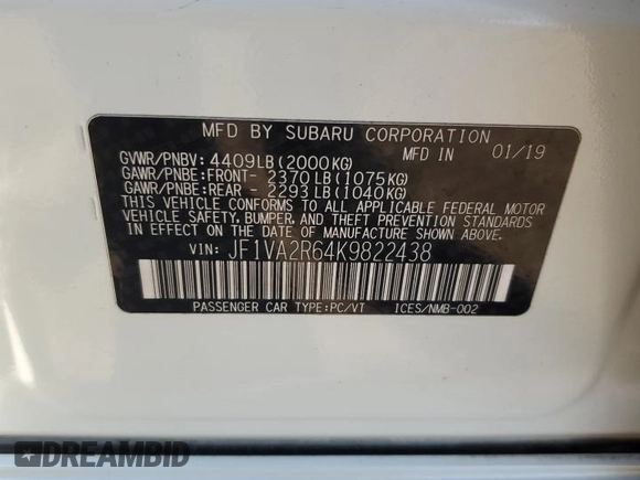 2019 Subaru WRX STI with VIN JF1VA2R64K9822438, listed as a Copart auction lot 48724355 with 58,218 mi miles and Salvage Title. Bid and sale history available at carsss.com. Image 12.