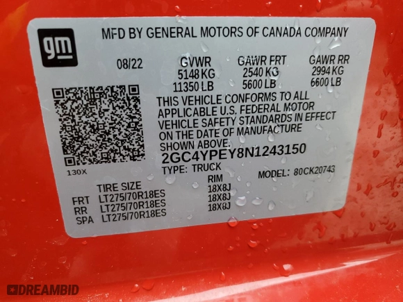 2022 Chevrolet Silverado 2500HD LTZ with VIN 2GC4YPEY8N1243150, listed as a Copart auction lot 47221465 with 0 mi miles and Salvage Title. Bid and sale history available at carsss.com. Image 13.