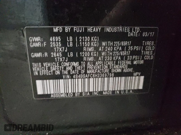 2017 Subaru Outback Premium with VIN 4S4BSAFC6H3369798, listed as a Copart auction lot 44800035 with 121,592 mi miles and Clean Title. Bid and sale history available at DreamBid. Image 13.