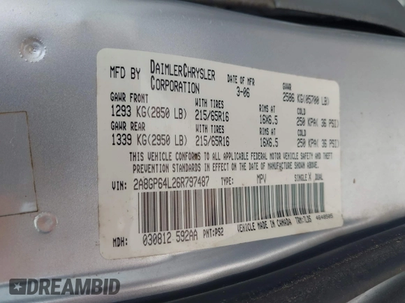 2006 Chrysler Town & Country LWB Limited with VIN 2A8GP64L26R797487, listed as a IAAI auction lot 42127082 with 126,548 mi miles. Bid and sale history available at carsss.com. Image 9.