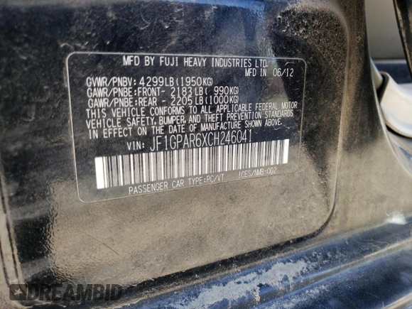 2012 Subaru Impreza Special Sports Limited с VIN JF1GPAR6XCH246041, выставлен на аукционе Copart как лот 50572045 с пробегом Не указан миль и Списание • Salvage title. История ставок и продаж доступна на DreamBid. Изображение 12.