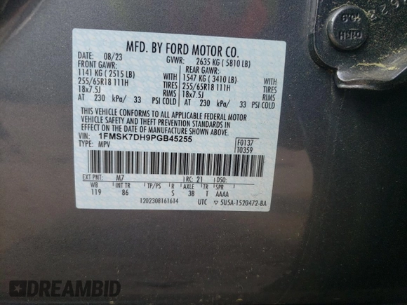 2023 Ford Explorer XLT with VIN 1FMSK7DH9PGB45255, listed as a Copart auction lot 57446875 with 11,782 mi miles and Salvage title. Bid and sale history available at DreamBid. Image 14.