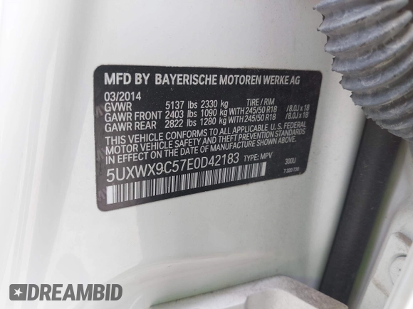 2014 BMW X3 xDrive28i with VIN 5UXWX9C57E0D42183, listed as a IAAI auction lot 42147520 with 121,266 mi miles and . Bid and sale history available at DreamBid. Image 9.