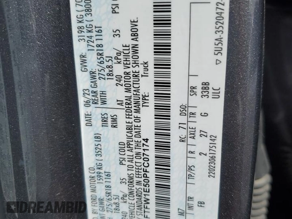 2023 Ford F-150 XL with VIN 1FTFW1E50PFC07174, listed as a Copart auction lot 54846365 with 36,223 mi miles and Non Repairable. Bid and sale history available at carsss.com. Image 13.