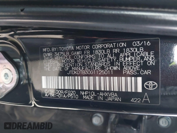 2016 Toyota Prius One with VIN JTDKDTB30G1125011, listed as a IAAI auction lot 42040835 with 101,148 mi miles and . Bid and sale history available at DreamBid. Image 9.
