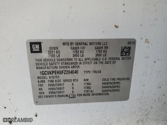 2015 Chevrolet Silverado 1500 Work Truck with VIN 1GCVKPEH8FZ294646, listed as a Copart auction lot 87048124 with 201,408 mi miles and Salvage Title. Bid and sale history available at carsss.com. Image 12.